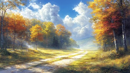 Fototapeta premium Autumn Forest Path Sunlight Landscape