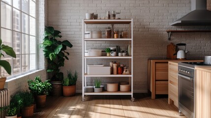 Warm-toned minimalist kitchen with a white rolling shelf keeping frequently used items organized.