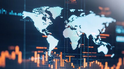 Strategic Planning forecasting concept. Digital world map overlay with data visualizations and graphs illustrating analytics and global trends.