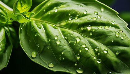 Fototapeta premium Ultra macro basil leaf: tiny water droplets, glossy texture. Fresh herb detail, glistening. Natural food close-up, vibrant green.