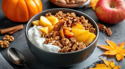 Fototapeta premium Delicious homemade granola bowl with creamy yogurt, caramel apples, pumpkin pieces, walnuts, and cinnamon, placed on a cool stone surface.