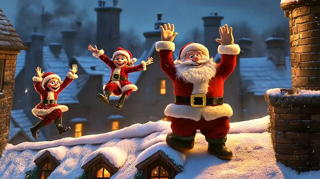 Santa and cheerful elves celebrate on a snowy rooftop during the festive season.