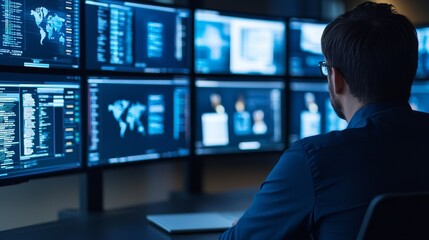 Digital Collaboration coordination concept. A professional analyzing data on multiple computer screens in a modern office setting.