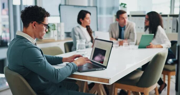 Laptop, business man and research in meeting for corporate venture, investment admin and workshop. Planning, solution and report with people in office for revenue profit, discussion and team