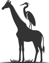 Giraffe standing with a heron on its back vector silhouette