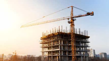 Construction Crane Building And Partially Constructed Building Against Blue Sky