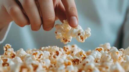 Hand reaching for crunchy caramel popcorn in a bowl filled with delicious snacks during a movie night. National Caramel Popcorn Day