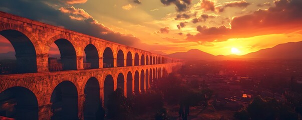 The historic aqueduct in Querétaro at sunset