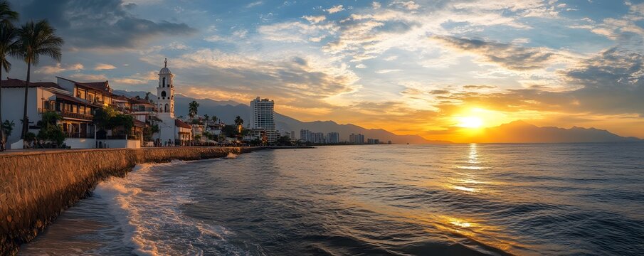 Sunset view over the Malecon in Puerto Vallarta