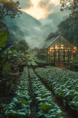 A Tranquil Greenhouse Oasis Nestled Among Verdant Mountains and Lush Forest