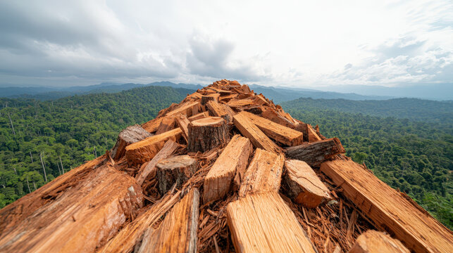 Climate Change and Impact of Carbon Footprint on Environment, Deforested hillside with bare stumps under cloudy sky