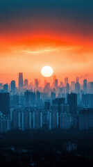 Fototapeta premium Climate Change and Impact of Carbon Footprint on Environment, Sunset over city skyline with vibrant colors