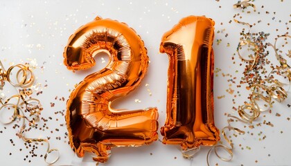 Orange balloon number 21 for twenty-first birthday or anniversary party. White background with confetti