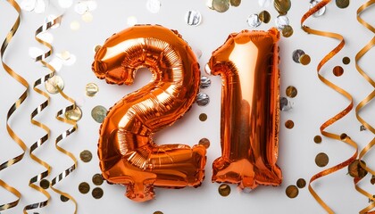 Orange balloon number 21 for twenty-first birthday or anniversary party. White background with confetti