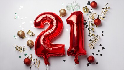Red balloon number 21 for twenty-first birthday or anniversary party. White background with confetti