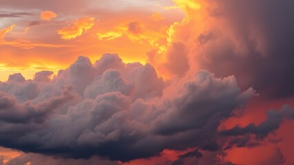 Vibrant sunset clouds create a breathtaking display of colors in the evening sky, offering a serene and tranquil atmosphere perfect for relaxation.  