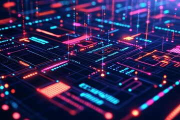 Obraz premium Strategic Planning forecasting concept. Digital abstract with vibrant colors and geometric patterns resembling technology and data flow.