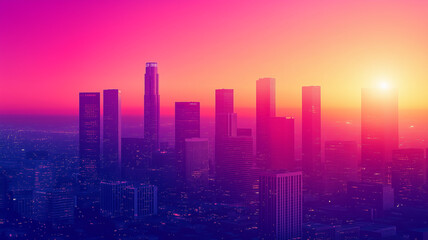 Fototapeta premium City silhouette with skyscrapers and buildings on the horizon - concept background. Abstract city creative horizontal poster. Urban panorama. AI artwork.