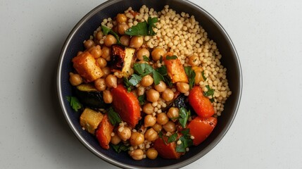A bowl of food with a variety of vegetables and grains