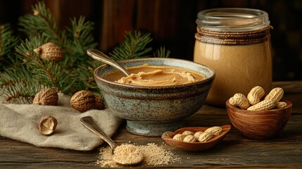 Fototapeta premium Healthy peanut butter in a ceramic bowl, with a spoon, jar, and shelled peanuts on a vintage wooden table, close-up shot.