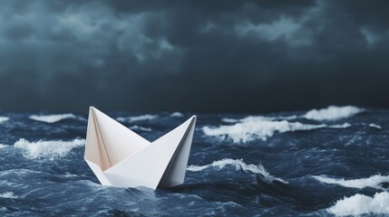 Obraz premium Entrepreneurship success mindset concept. A paper boat struggles in turbulent seas under a dark, stormy sky.