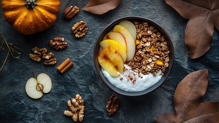 Fototapeta premium Homemade granola breakfast bowl with yogurt, caramelized apples, pumpkin, nuts, and cinnamon, arranged on a textured stone background.