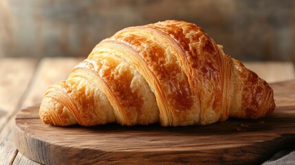 A golden baked croissant rests gracefully upon a wooden surface