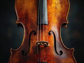 A detailed view of a violin on a dark surface, perfect for music-related projects and compositions