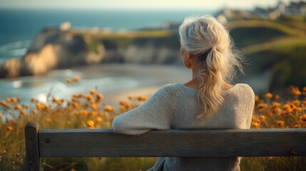 An elderly couple sits closely together on a wooden deck, overlooking a serene beach with gentle waves.