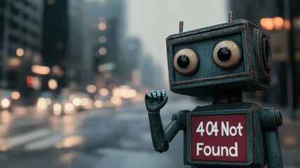 Sad robot with droopy eyes stands on a city street holding a sign that reads 404 Not Found in a gray, rainy atmosphere. 404 Day
