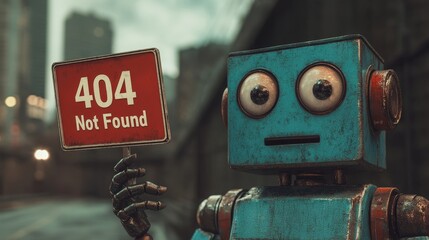 Sad robot holding a sign expressing confusion in a futuristic urban environment with a melancholic atmosphere. 404 Day