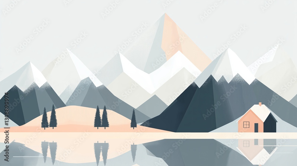Poster flat-design mountains in muted pastels with a tiny cabin