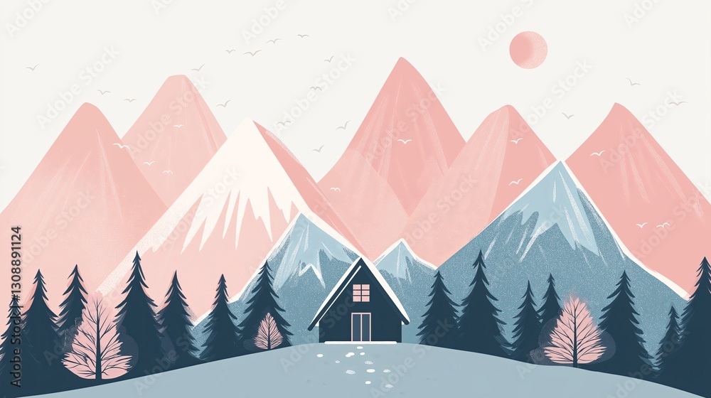 Poster flat-design mountains in muted pastels with a tiny cabin
