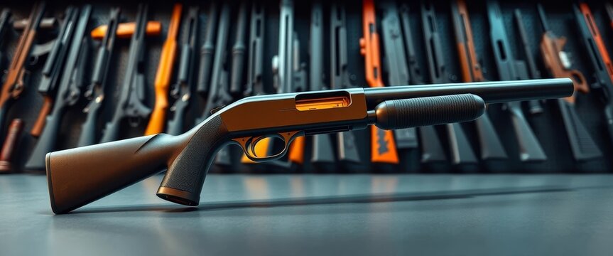 A Sleek Black Pump-Action Shotgun Rests on a Dark Surface, Showcased Against a Wall of Various Firearms