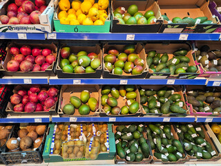 Dnipro, Ukraine - FEBRUARY 18th 2025: Fresh and ripe exotic fruits on market