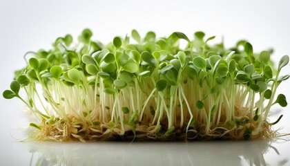Obraz premium Macro fresh microgreens: delicate structure on white. Clean, simple food detail. Healthy ingredient, vibrant greens