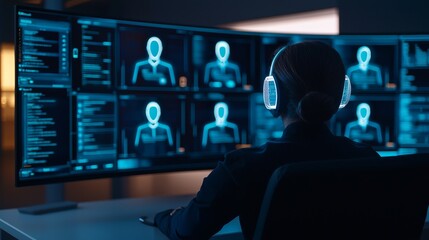 Virtual Teams engagement concept. A person monitors multiple digital screens in a high-tech environment.