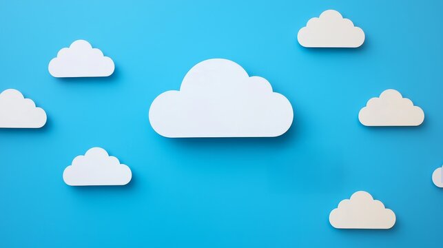 Digital Collaboration coordination concept. White clouds on a blue background create a whimsical, minimalistic design.