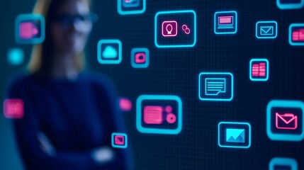 Fototapeta premium Virtual Teams efficiency concept. Woman with glasses stands before digital icons representing technology and communication.