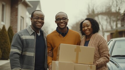 Joyful Family Moments with Moving Boxes on a Suburban Street