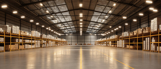 Fototapeta premium large warehouse interior with rows of pallet racks filled with goods and bright lighting creating depth 