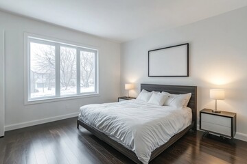 Fototapeta premium Modern bedroom with large window, showcasing a cozy and bright interior design with a white bed, dark wooden furniture, and hardwood floors.