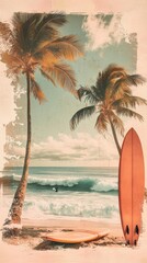 A Beach Scene Featuring Palm Trees Surfboards and Ocean Waves