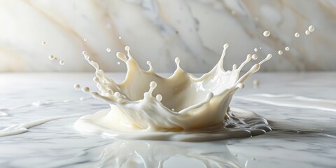 Creamy milk splashing on a white marble surface, creating a unique texture and visual effect, photography