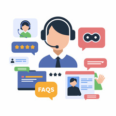 Customer service and support icons with headset, chatbot, FAQs, and live chat