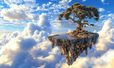 Lone tree on floating island in clouds, sunset sky background, for fantasy concepts