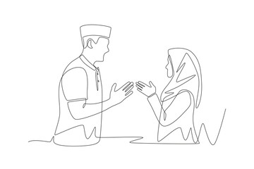 Men and women who forgive each other during Eid. Eid mubarak concept one-line drawing