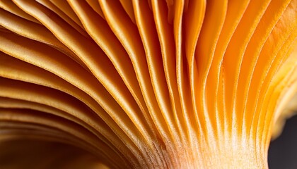 Macro shot of a chanterelle mushroom, showcasing its wavy ridges and vibrant golden color, highlighting the natural textures and delicate curves of this gourmet delicacy.
