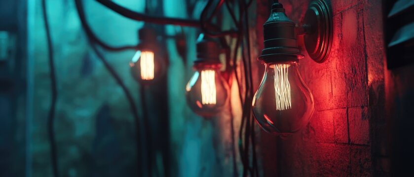 A collection of light bulbs suspended from a wall, great for use in industrial or urban themed designs