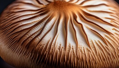 Macro of shiitake mushroom cap. Cracked, textured surface detail. Organic food, culinary ingredient.  Intricate fungal texture.

